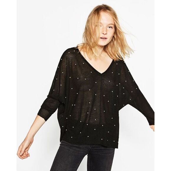 Zara light weight black top sweater pearls S - Picture 1 of 13
